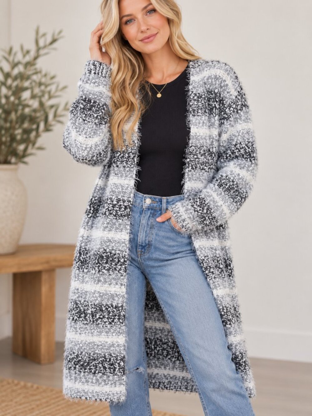 315. L/S Multi Stripe Popcorn Midi Cardigan